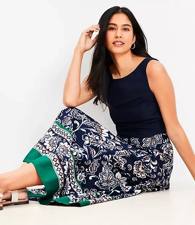 Petite Border Floral Linen Blend Seamed Maxi Skirt