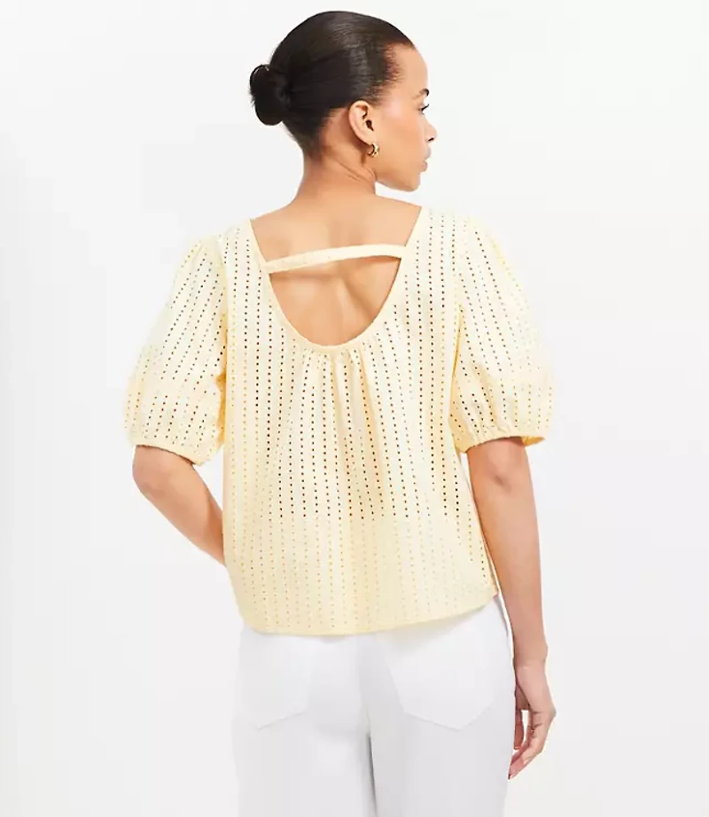 Eyelet Cutout Back Bubble Sleeve Top