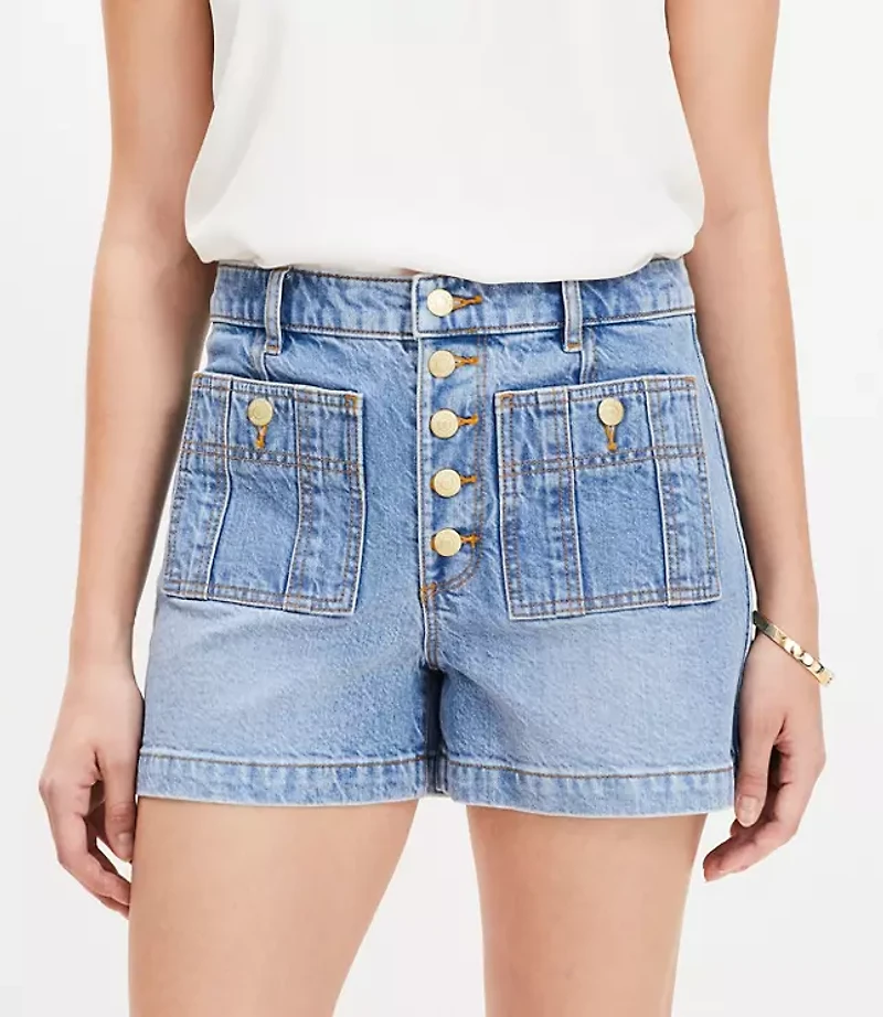 Petite Patch Pocket High Rise Denim Shorts in Classic Indigo Wash