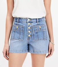 Petite Patch Pocket High Rise Denim Shorts in Classic Indigo Wash
