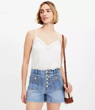 Petite Patch Pocket High Rise Denim Shorts in Classic Indigo Wash