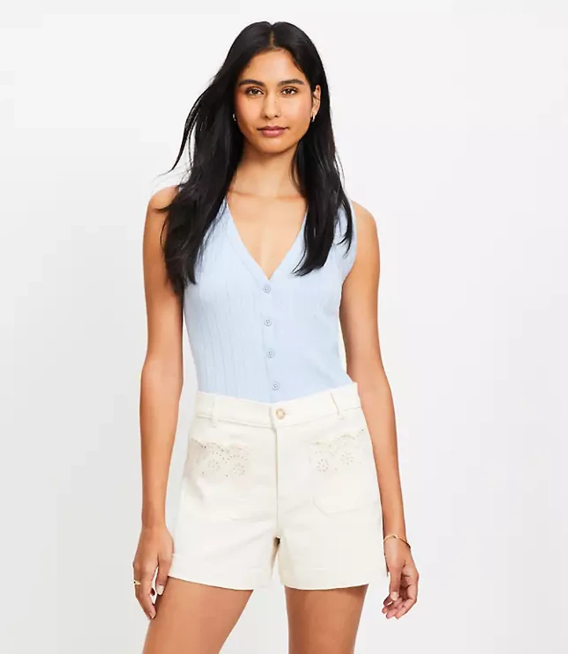 Petite Eyelet Pocket Palmer Denim Shorts in Ivory