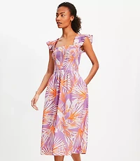 Petite LOFT Beach Island Frond Smocked Ruffle Strap Midi Pocket Dress