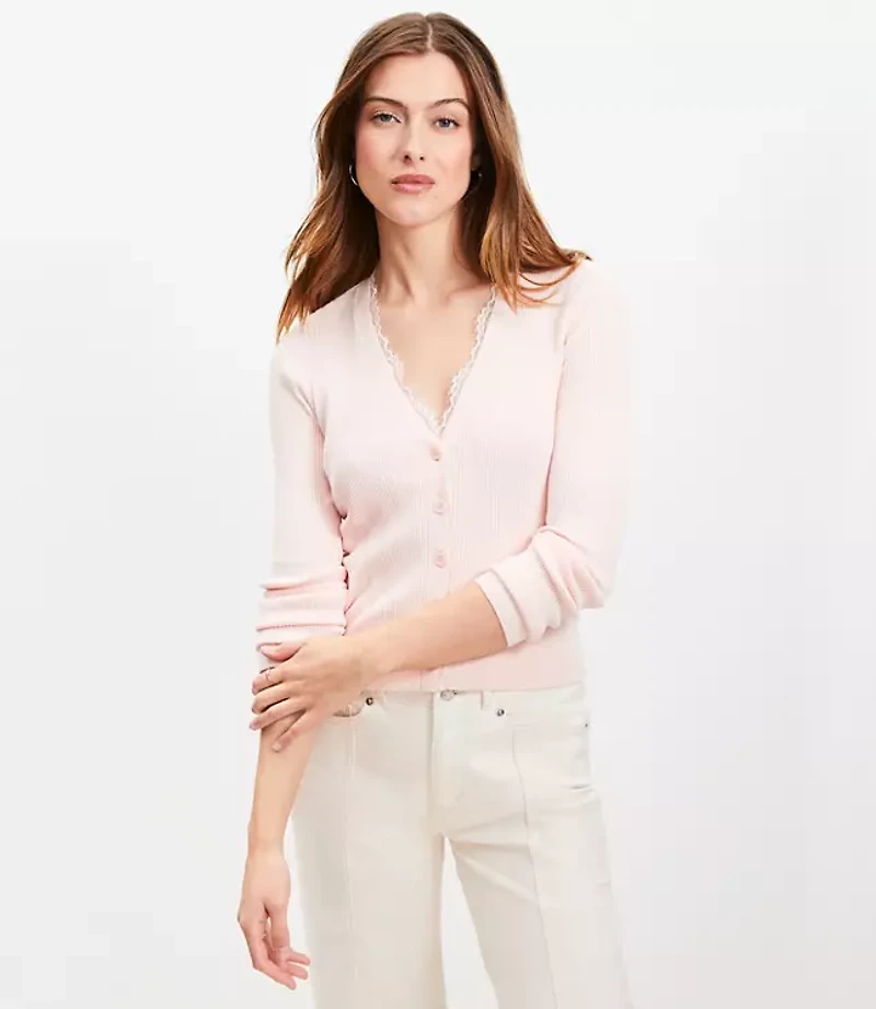 Petite Lace Trim Ribbed V-Neck Cardigan