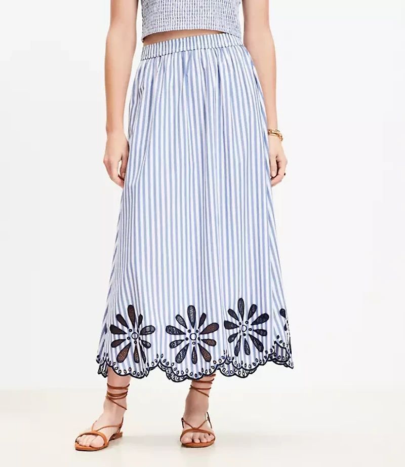 Floral Eyelet Stripe Poplin Pull On Maxi Pocket Skirt