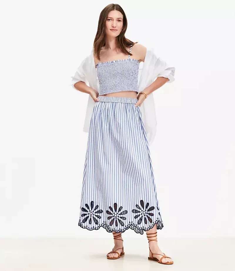 Floral Eyelet Stripe Poplin Pull On Maxi Pocket Skirt