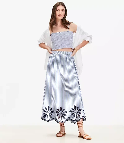Floral Eyelet Stripe Poplin Pull On Maxi Pocket Skirt