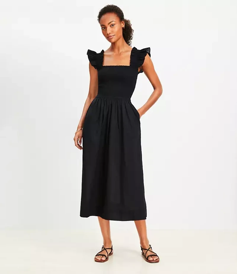 Petite LOFT Beach Smocked Ruffle Strap Midi Pocket Dress