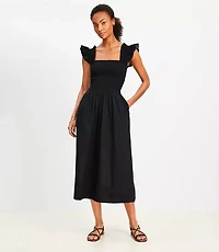 Petite LOFT Beach Smocked Ruffle Strap Midi Pocket Dress