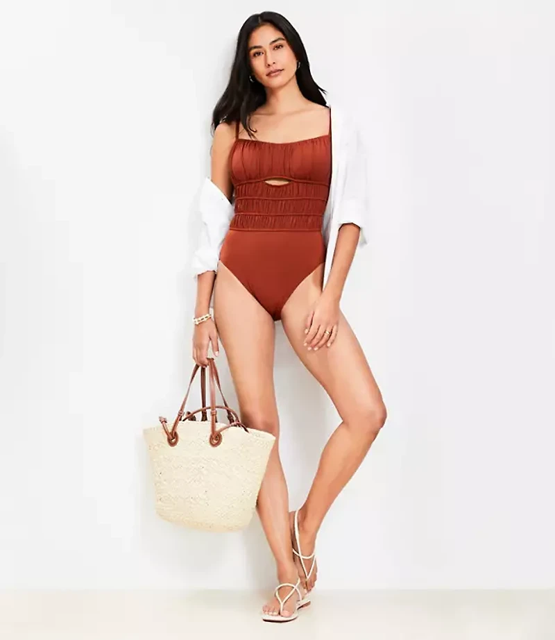 LOFT Beach Shirred Cutout One Piece Swimsuit