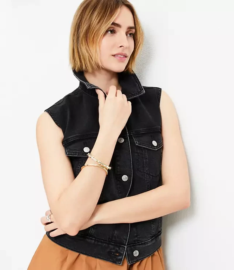 Petite Denim Trucker Vest in Washed Black