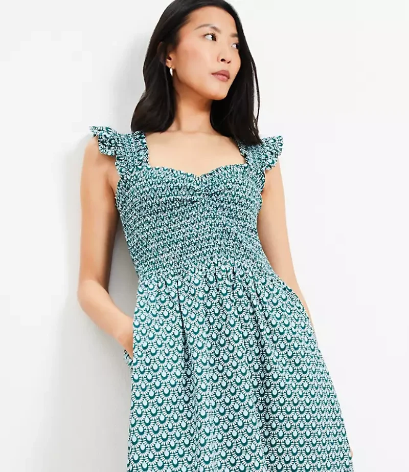 LOFT Beach Mosaic Poplin Ruffle Strap Maxi Pocket Dress