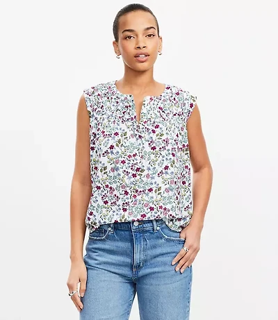 Floral Pleated Yoke Mixed Media Top