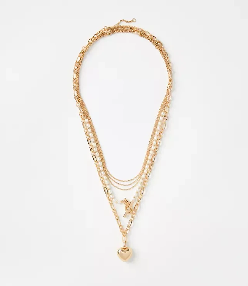 Pearlized Heart Toggle Layered Necklace Set