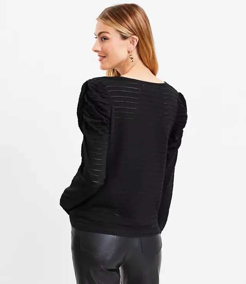 Jacquard Tie Keyhole Ruched Sleeve Top