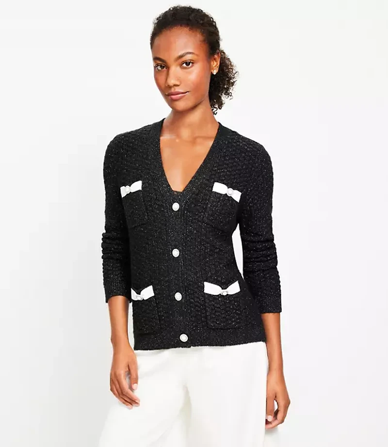 Pearlized Sparkle Bow Sweater Jacket