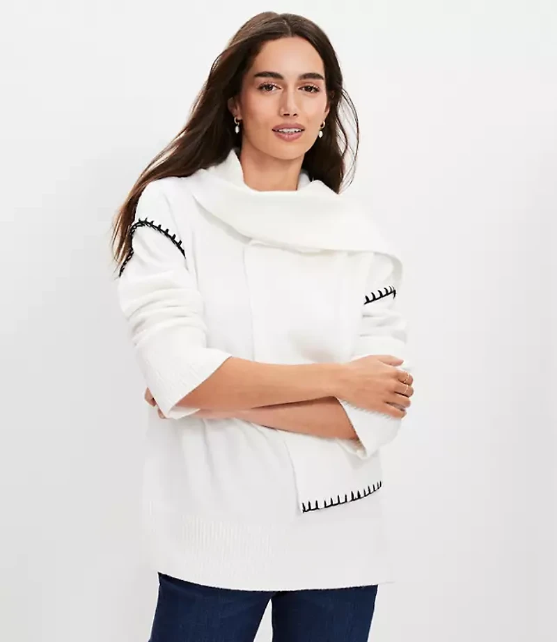 Petite Stitched Trim Removable Scarf Sweater