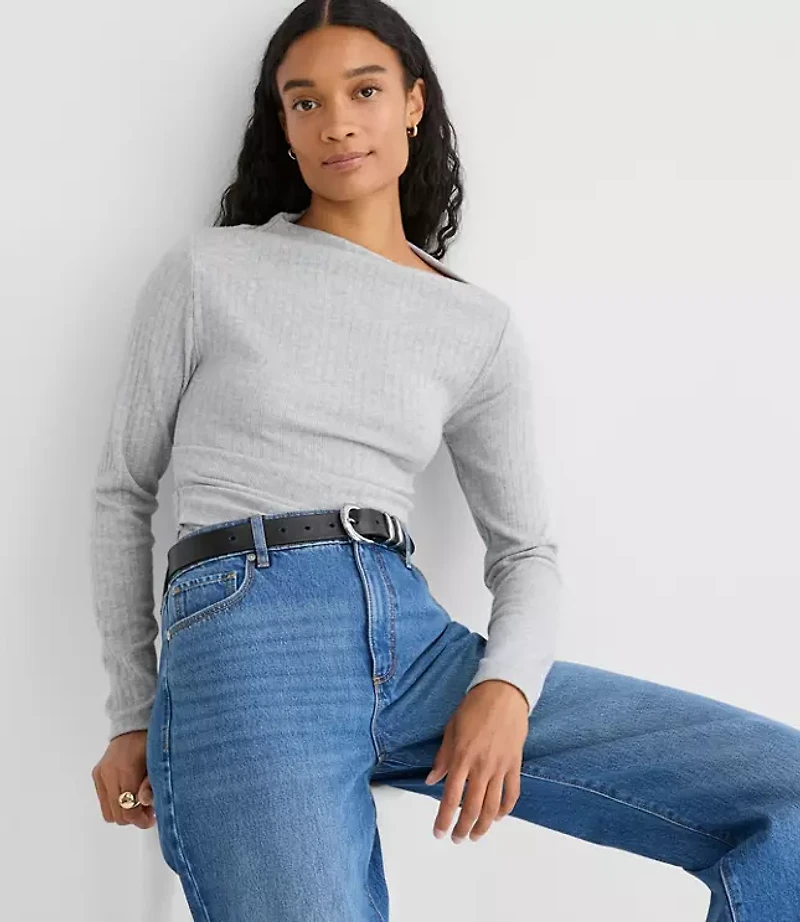 Heathered Cozy Ribbed Asymmetric Neck Top