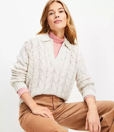 Flecked Collared Split Neck Cable Sweater