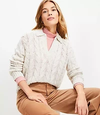 Flecked Collared Split Neck Cable Sweater