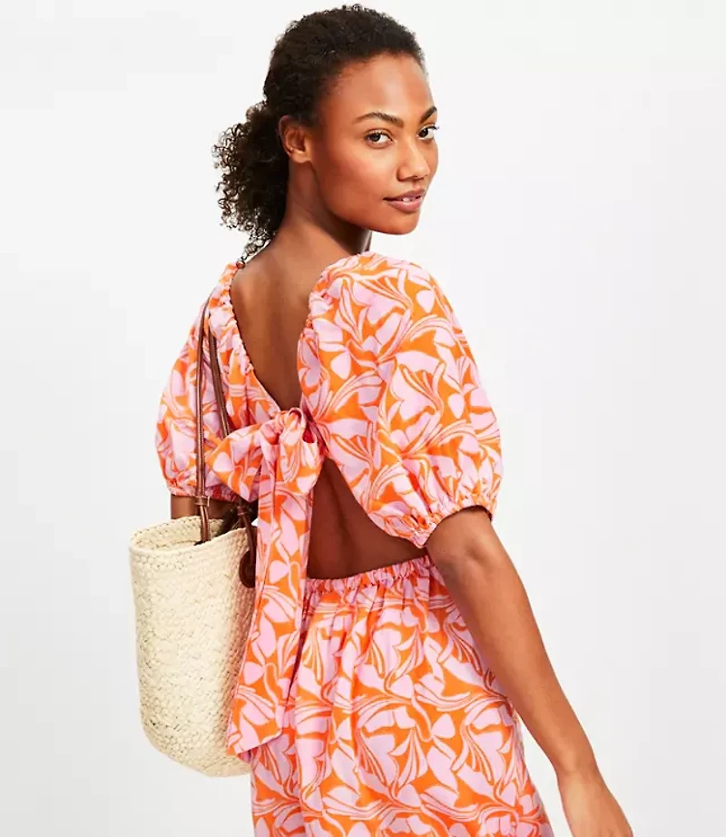 LOFT Beach Swirl Linen Blend Cutout Back Mini Pocket Dress