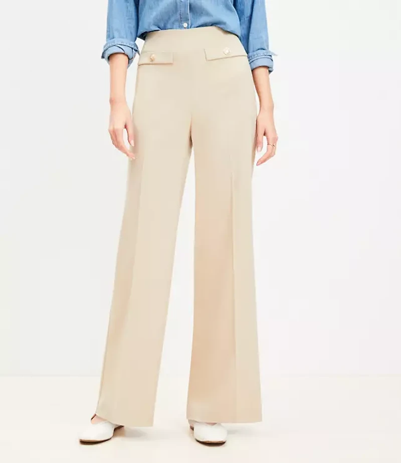 Button Trim Wide Leg Pants Twill