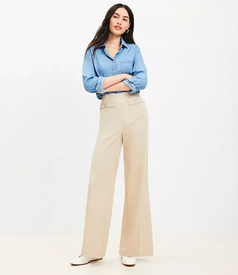 Button Trim Wide Leg Pants Twill