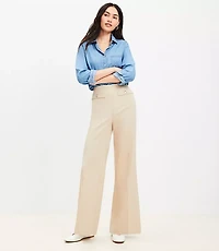 Button Trim Wide Leg Pants Twill