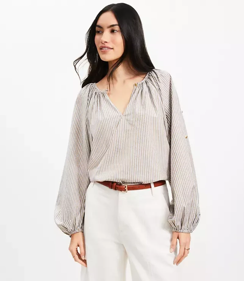 Shimmer Striped Button Sleeve Blouse