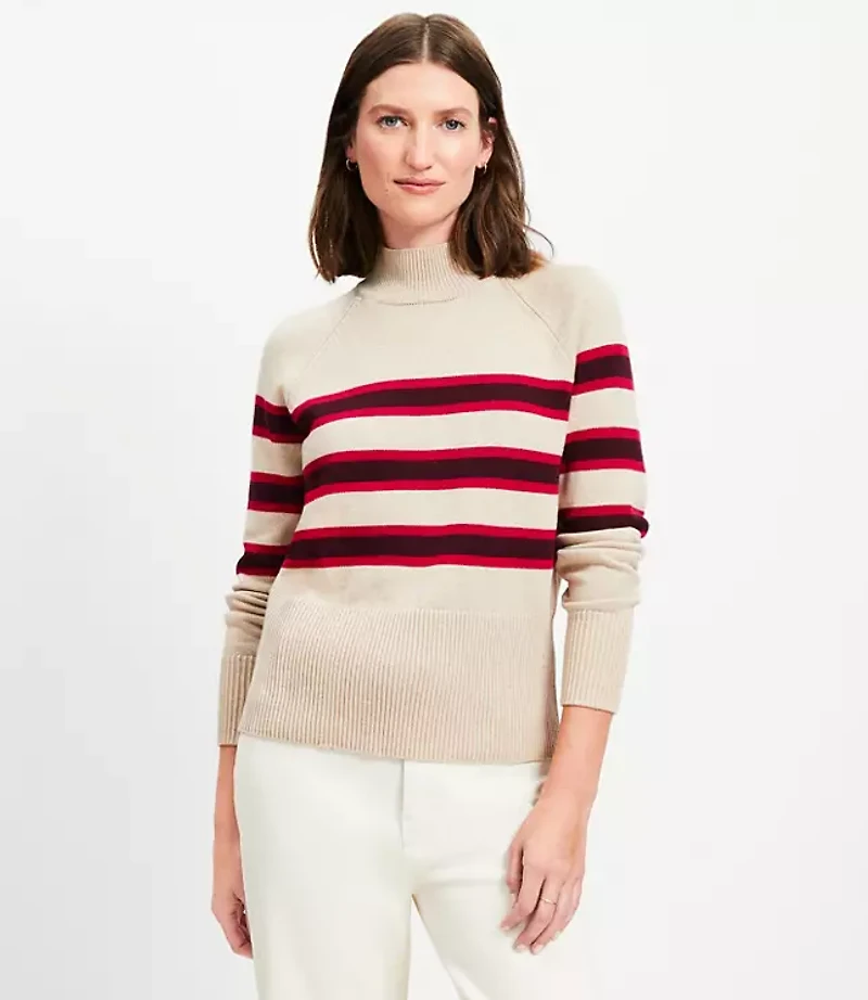 Striped Ribtrim Mock Neck Sweater
