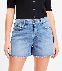 Destructed High Rise Cut Off Denim Shorts in Authentic Dark Wash
