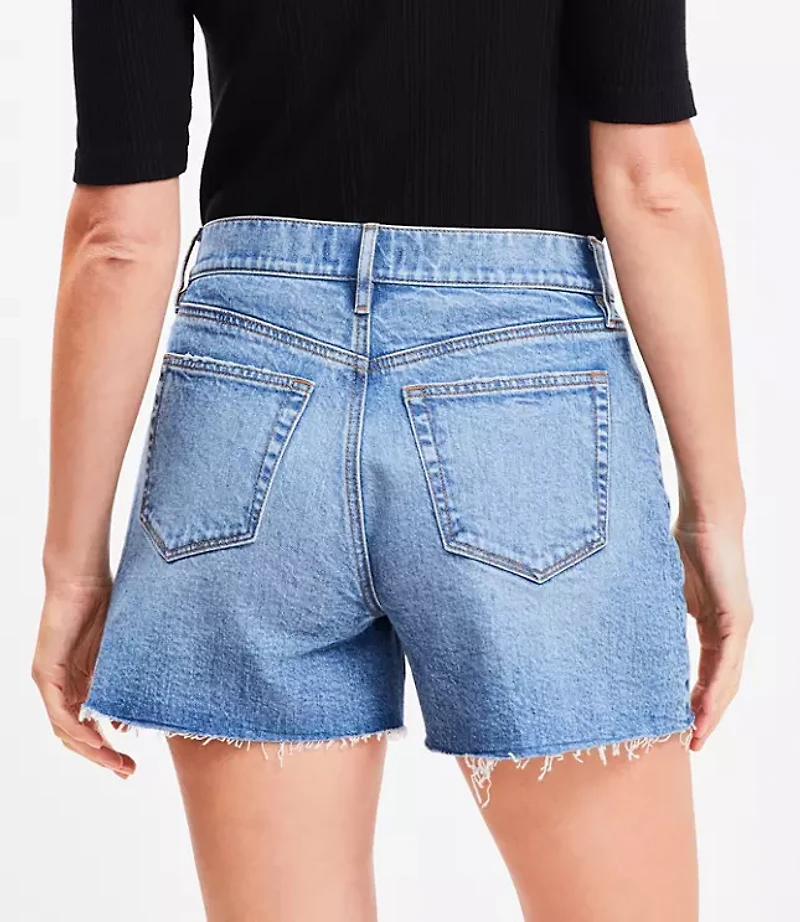 Destructed High Rise Cut Off Denim Shorts in Authentic Dark Wash