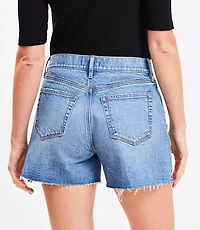 Destructed High Rise Cut Off Denim Shorts in Authentic Dark Wash