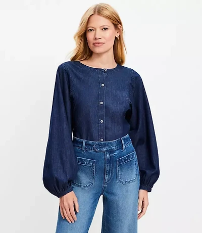 Petite Chambray Blouson Sleeve Blouse