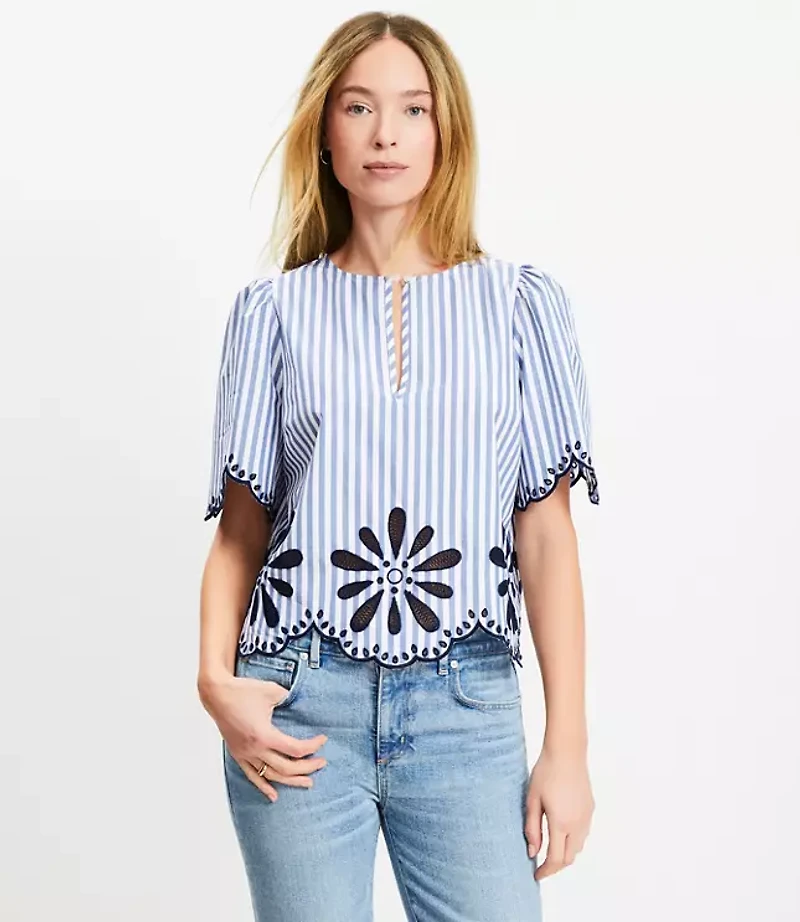 Floral Eyelet Stripe Poplin Top