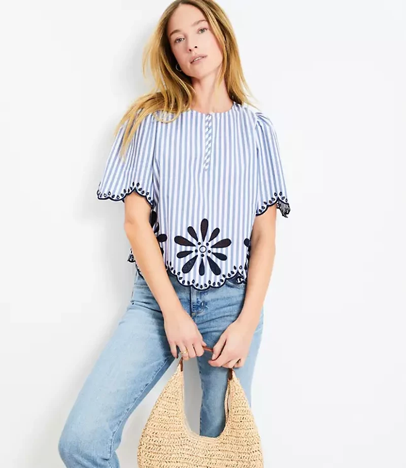 Floral Eyelet Stripe Poplin Top