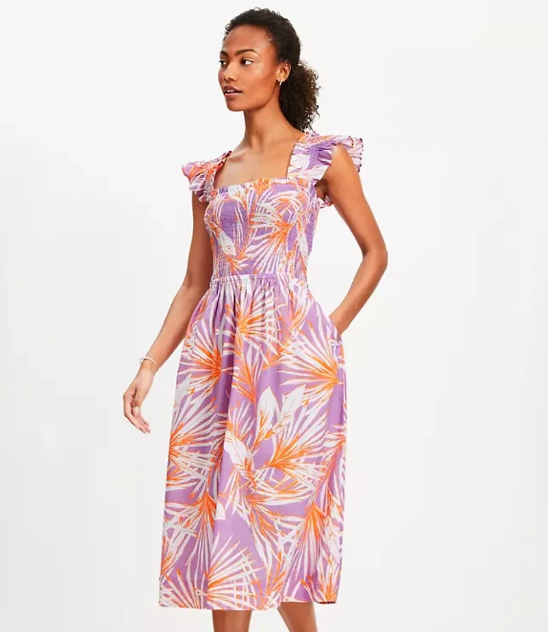 LOFT Beach Island Front Smocked Ruffle Strap Midi Pocket Dress