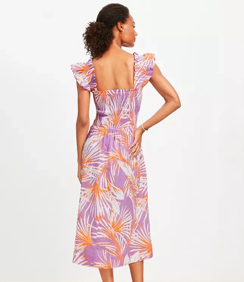 LOFT Beach Island Front Smocked Ruffle Strap Midi Pocket Dress