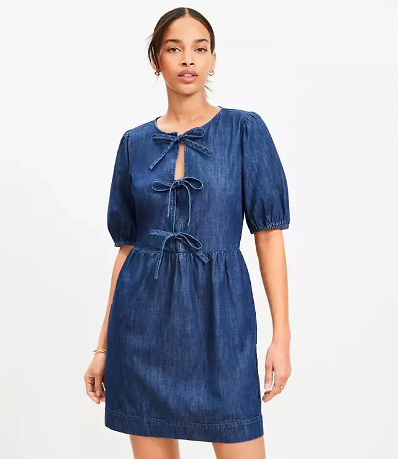 Petite Chambray Bow Mini Pocket Dress