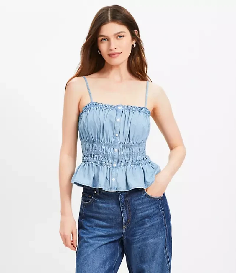 Chambray Ruffle Smocked Button Cami