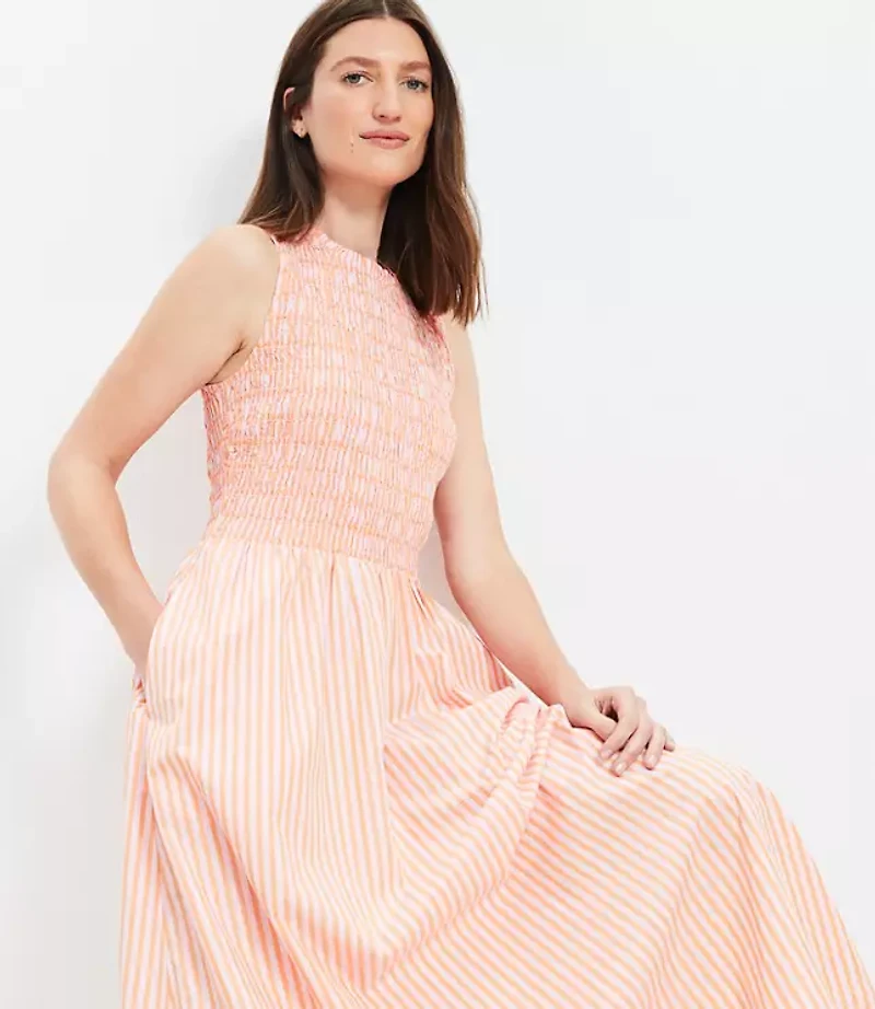 Striped Poplin Smocked Midi Pocket Dress