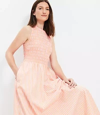 Striped Poplin Smocked Midi Pocket Dress