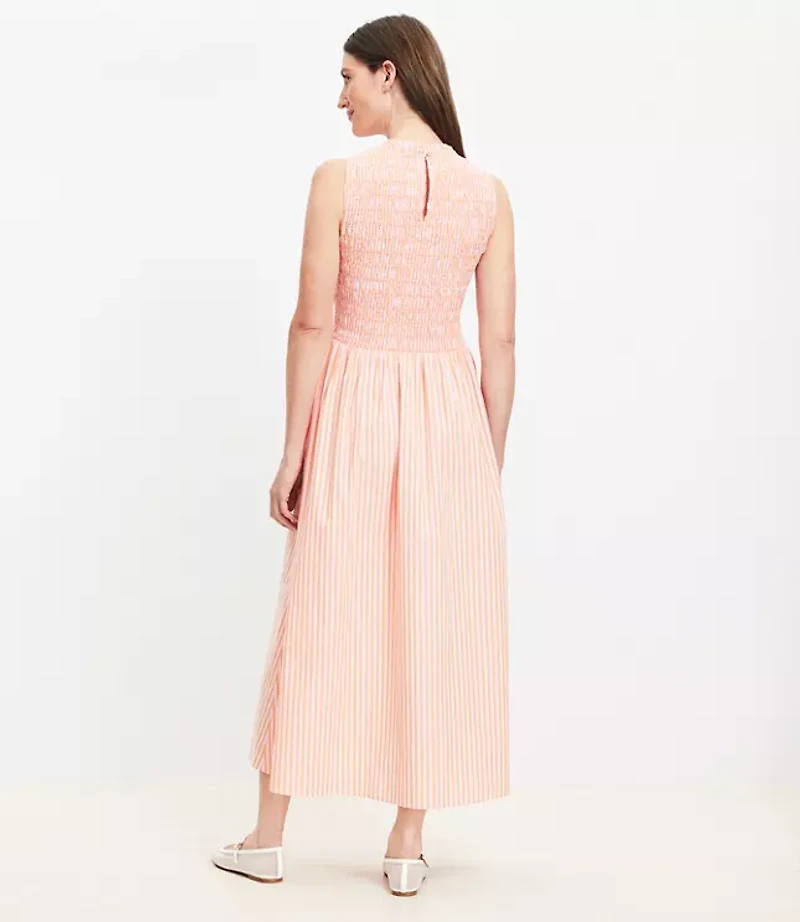 Striped Poplin Smocked Midi Pocket Dress