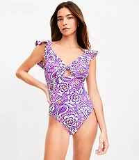 LOFT Beach Paisley Cutout Ruffle Sleeve One Piece Swimsuit