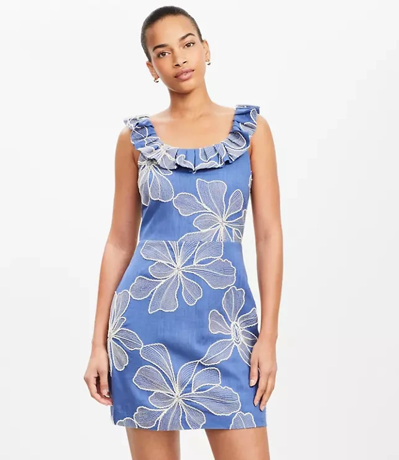 Floral Embroidered Ruffle Neck Mini Dress