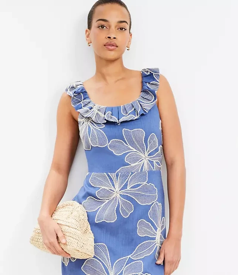 Floral Embroidered Ruffle Neck Mini Dress