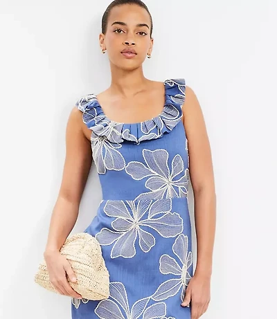 Floral Embroidered Ruffle Neck Mini Dress