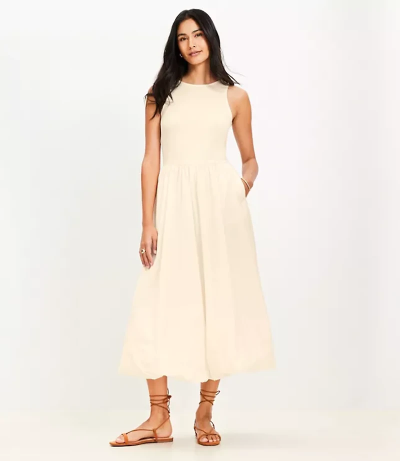 Poplin Bubble Mixed Media Midi Dress