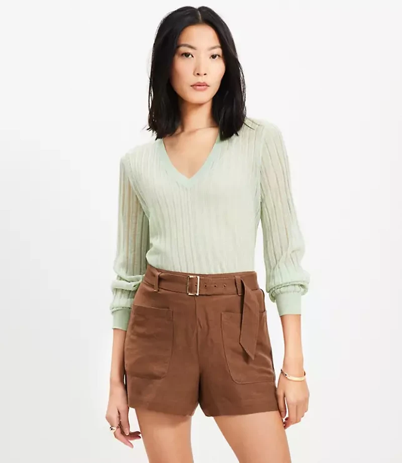 Sheer Ribbed V-Neck Sweater