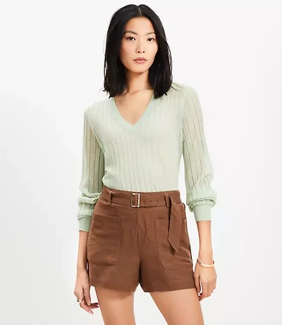 Sheer Ribbed V-Neck Sweater